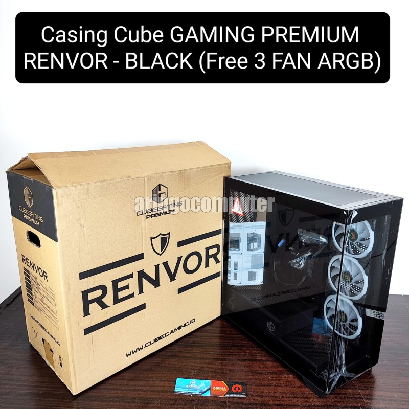 Casing Cube GAMING PREMIUM RENVOR ATX - BLACK (Free 3 FAN ARGB)